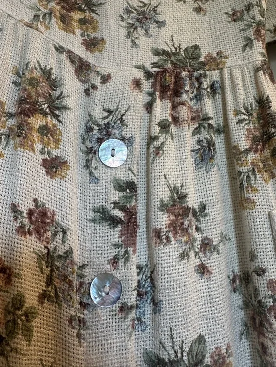 Vintage Linen Blend Cream Floral Midi Dress with Buttons - Picture 4 of 10